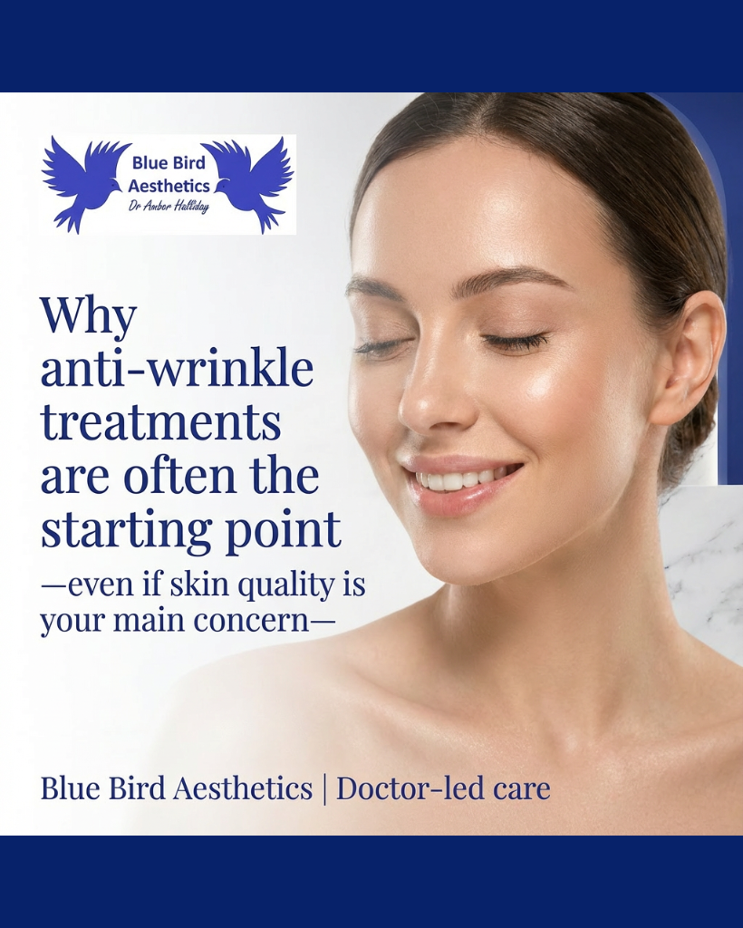 A woman with clear, healthy-looking skin and closed eyes, shown in soft natural light. Title of image is "Why anti-wrinkle treatments are often the starting point"