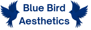 A Blue Bird Aesthetics logo featuring two stylised blue birds facing inward around the clinic name