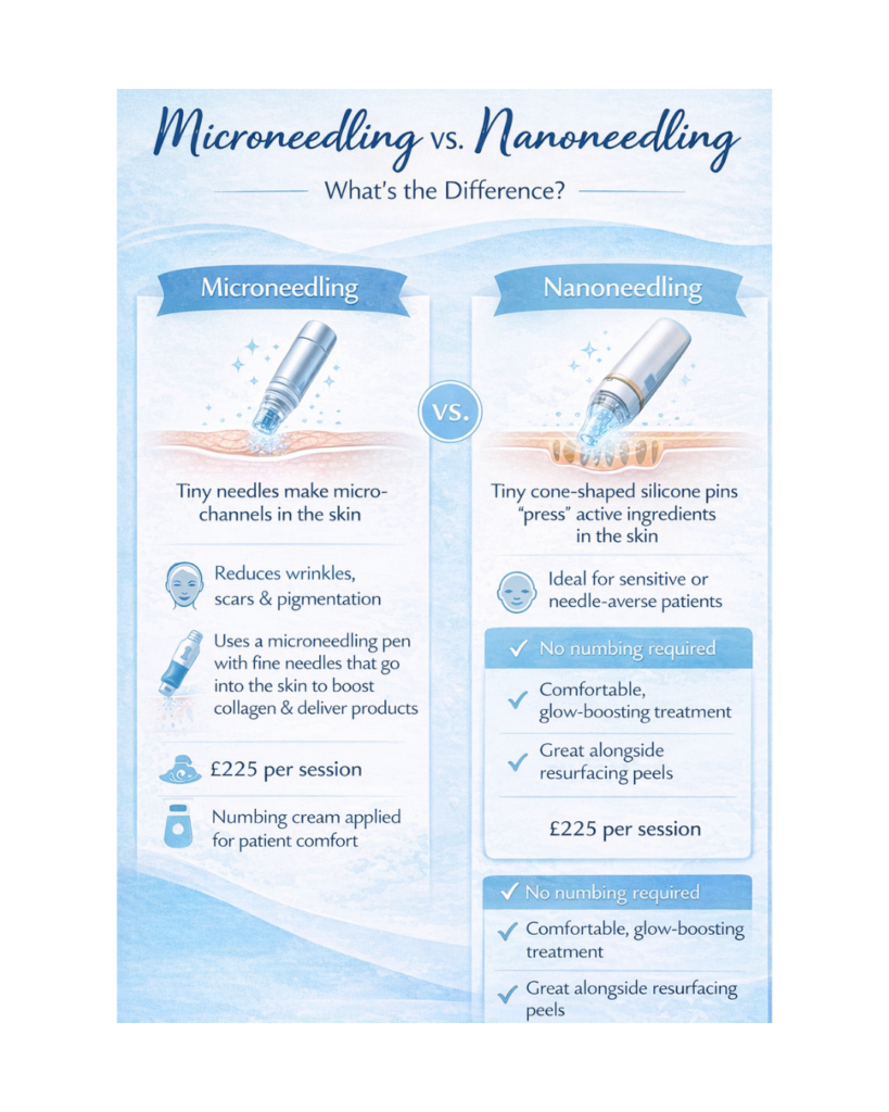 Comparison graphic showing microneedling versus nanoneedling, with illustrations of each device on the skin and key differences in treatment depth, comfort, and benefits.