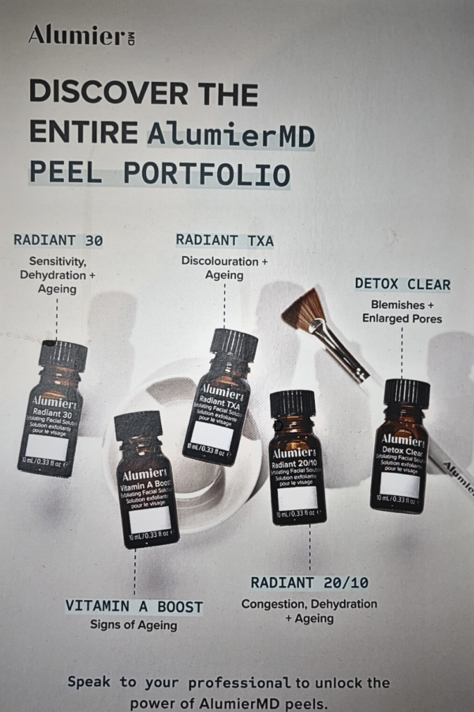 AlumierMD peel portfolio showing five medical‑grade resurfacing solutions for different skin concerns.
