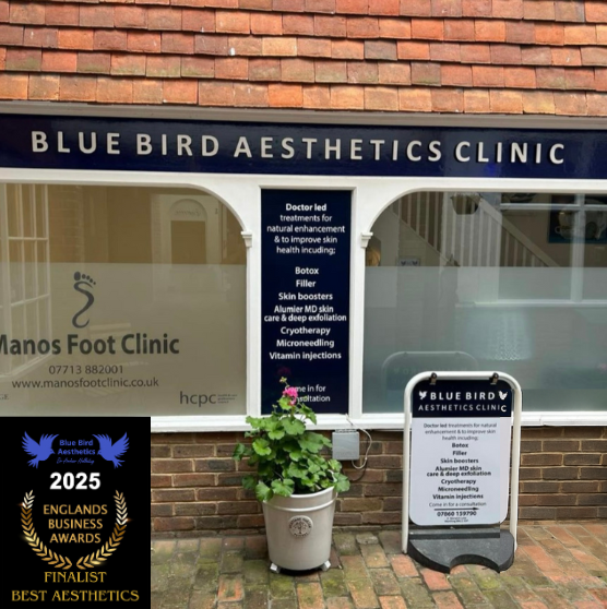 Exterior of Blue Bird Aesthetics clinic in Worthing, showing clear signage and the entrance to the practice.