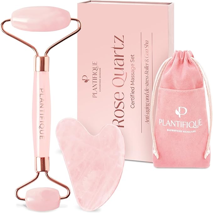 Plantifique rose quartz facial roller and gua sha set with pouch and box.