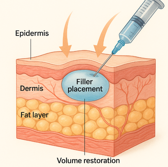 Medical illustration showing dermal filler being injected into the dermis for volume restoration, with labelled skin layers