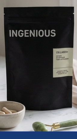 INGENIOUS Collagen+ supplement displayed with lemon water, capsules and a jade roller in a wellness flat‑lay.