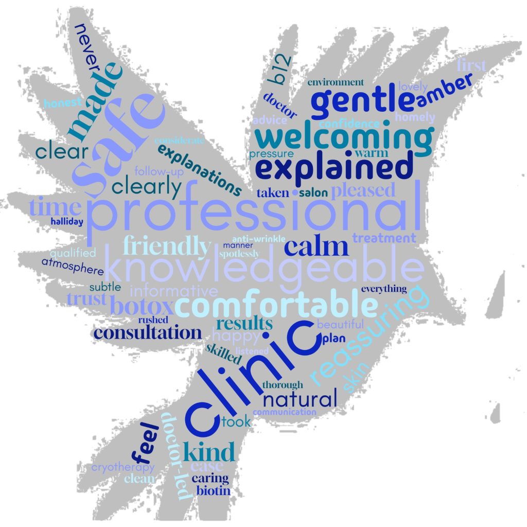 Word cloud shaped like a bird, created from Glowday patient review words for Blue Bird Aesthetics.
