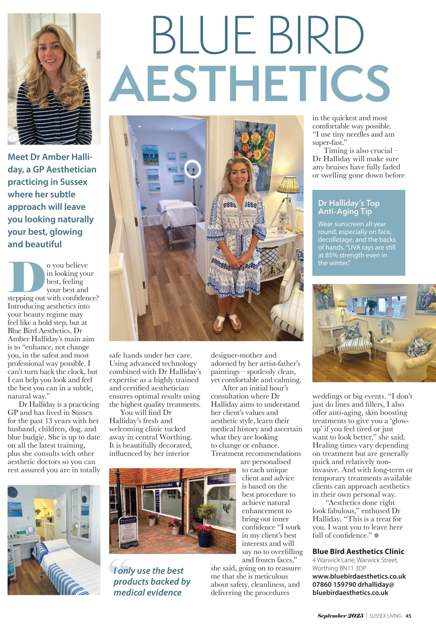 Magazine feature about Blue Bird Aesthetics and Dr Halliday in Sussex Living
