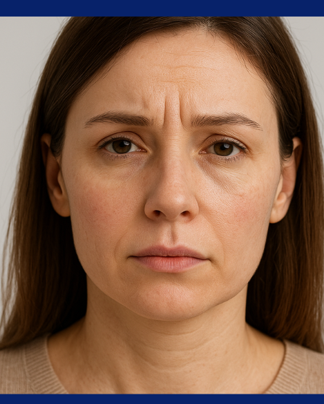 A close-up of a woman with slightly furrowed brows, simulating frown lines before treatment with anti-wrinkle injections 