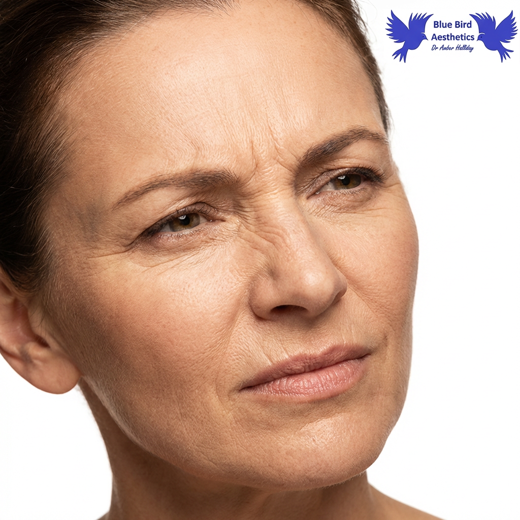 Close‑up of the forehead and eye area showing natural fine lines and skin texture, with Blue Bird Aesthetics branding.