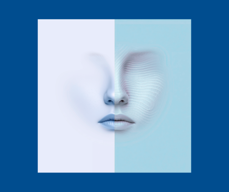 Abstract split‑frame illustration of a face with one smooth half and one textured, wave‑patterned half, symbolising subtle mid‑face structure and natural rejuvenation.