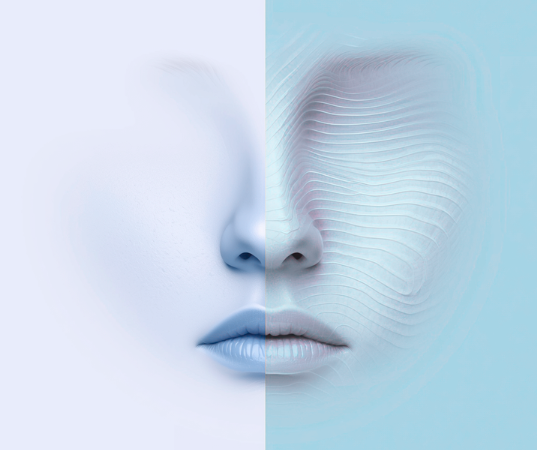 Abstract split‑frame illustration of a face with one smooth half and one textured, wave‑patterned half, symbolising subtle mid‑face structure and natural rejuvenation.