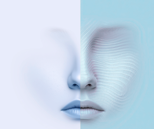 Abstract split‑frame illustration of a face with one smooth half and one textured, wave‑patterned half, symbolising subtle mid‑face structure and natural rejuvenation.