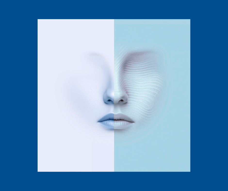 Abstract split‑frame illustration of a face with one smooth half and one textured, wave‑patterned half, symbolising subtle mid‑face structure and natural rejuvenation.