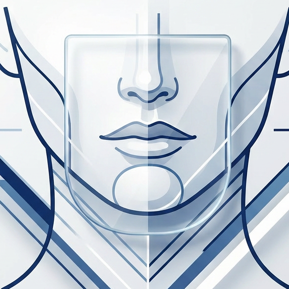 Abstract geometric illustration of lower‑face contours using clean blue lines and transparent shapes, symbolising subtle structure and balanced jawline definition.