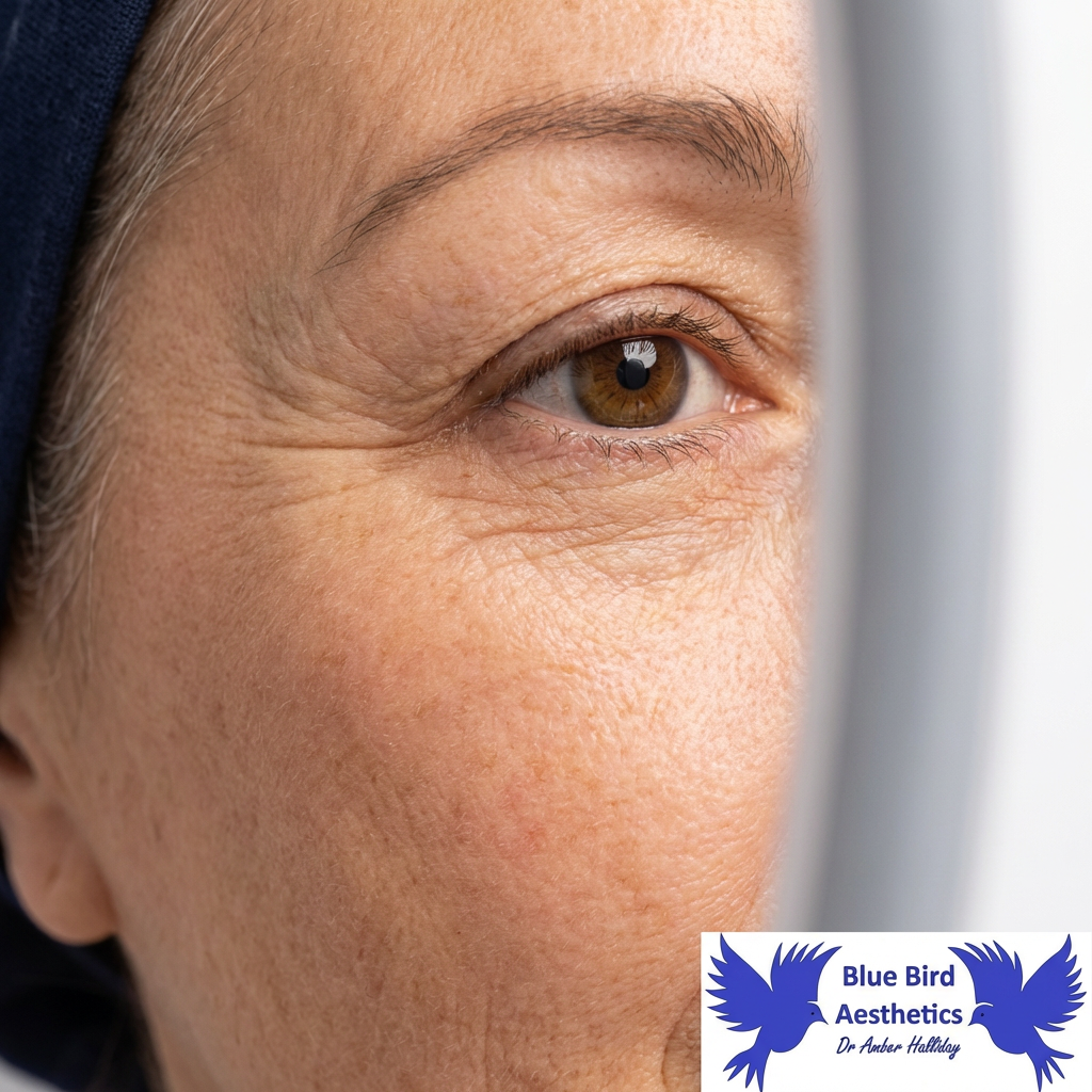 Close‑up of the outer eye area with visible crow’s feet lines, featuring the Blue Bird Aesthetics branding.