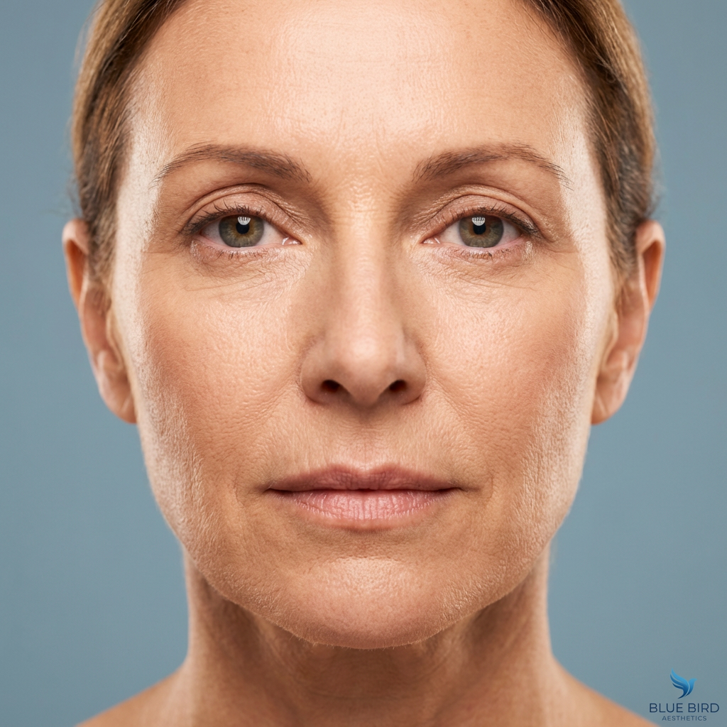 Close‑up of a woman’s lower face with a neutral expression, showing natural skin texture and relaxed mouth corners.