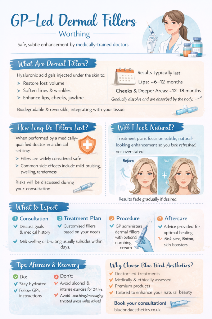 Informational poster titled ‘GP‑Led Dermal Fillers – Worthing’ explaining what dermal fillers are, how long they last, what to expect during treatment and aftercare guidance at Blue Bird Aesthetics.