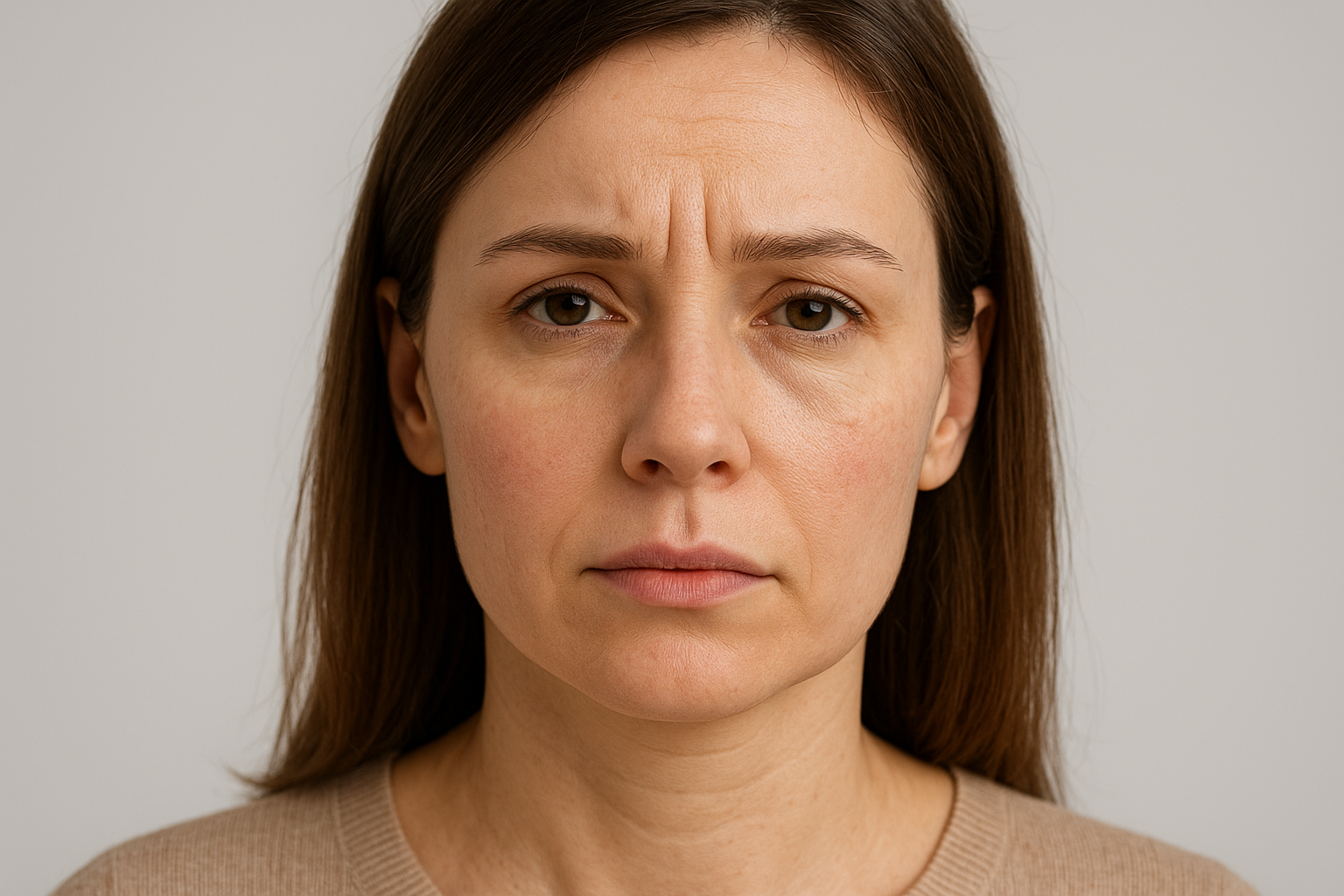 A close-up of a woman with slightly furrowed brows, to simulate frown lines on her forehead and between the eyebrows before anti-wrinkle treatment