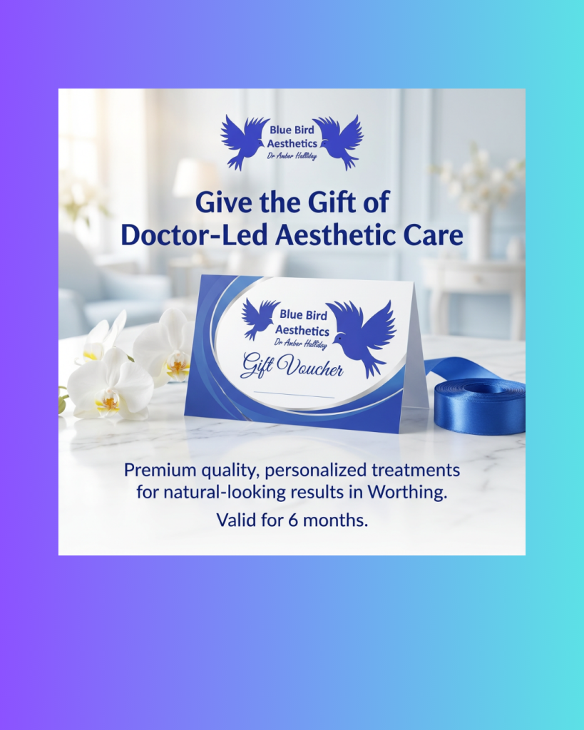 Blue Bird Aesthetics gift voucher graphic with blue background, white text and the clinic’s bird logo