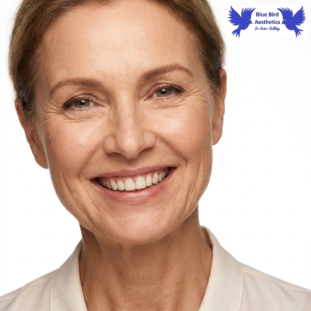 Smiling adult with natural skin texture, displaying a "gummy smile". Close‑up portrait with Blue Bird Aesthetics branding.