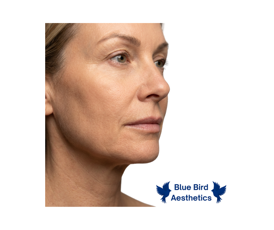 Side profile close‑up of a woman’s jawline and lower face, showing natural skin texture and definition for illustrating jaw lift treatment.