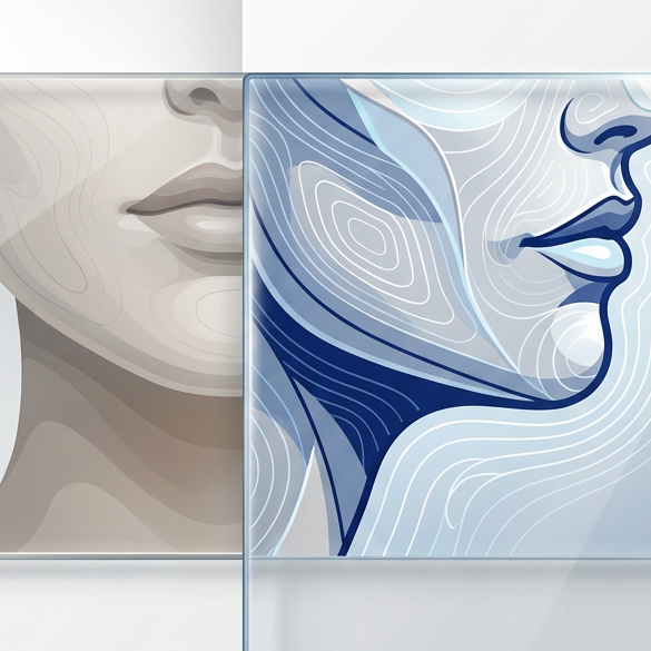 Stylised split‑frame illustration of a face showing a neutral contour on one side and a softly blue‑toned, topographic design on the other, symbolising subtle rejuvenation