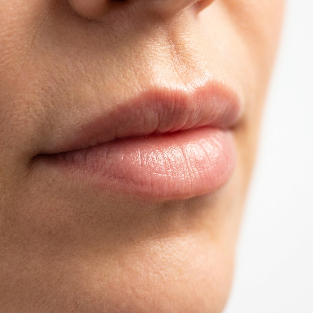 Close‑up of natural lips showing soft texture and fine lines around the mouth.