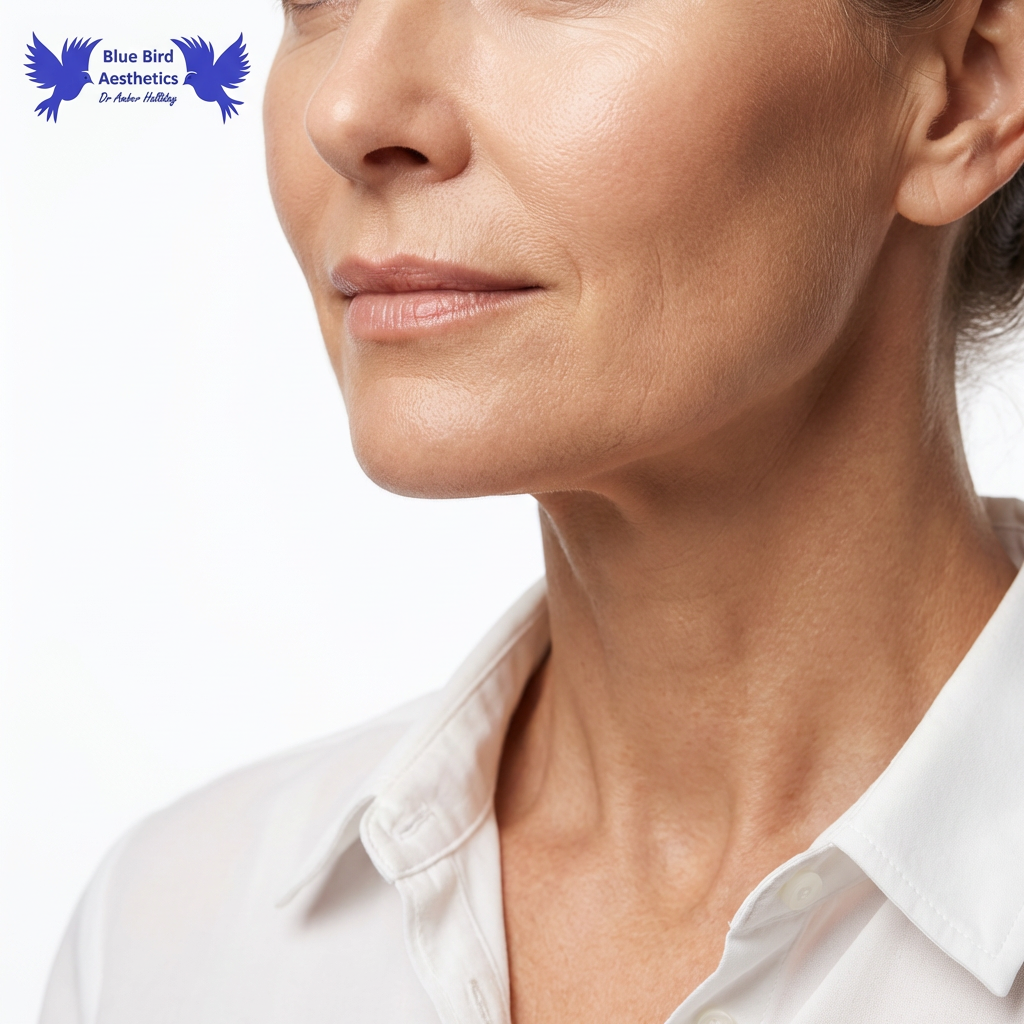 Three‑quarter view of a mature woman’s lower face and neck showing natural jawline definition, used to illustrate masseter muscle area and jawline slimming treatment, with Blue Bird Aesthetics branding.