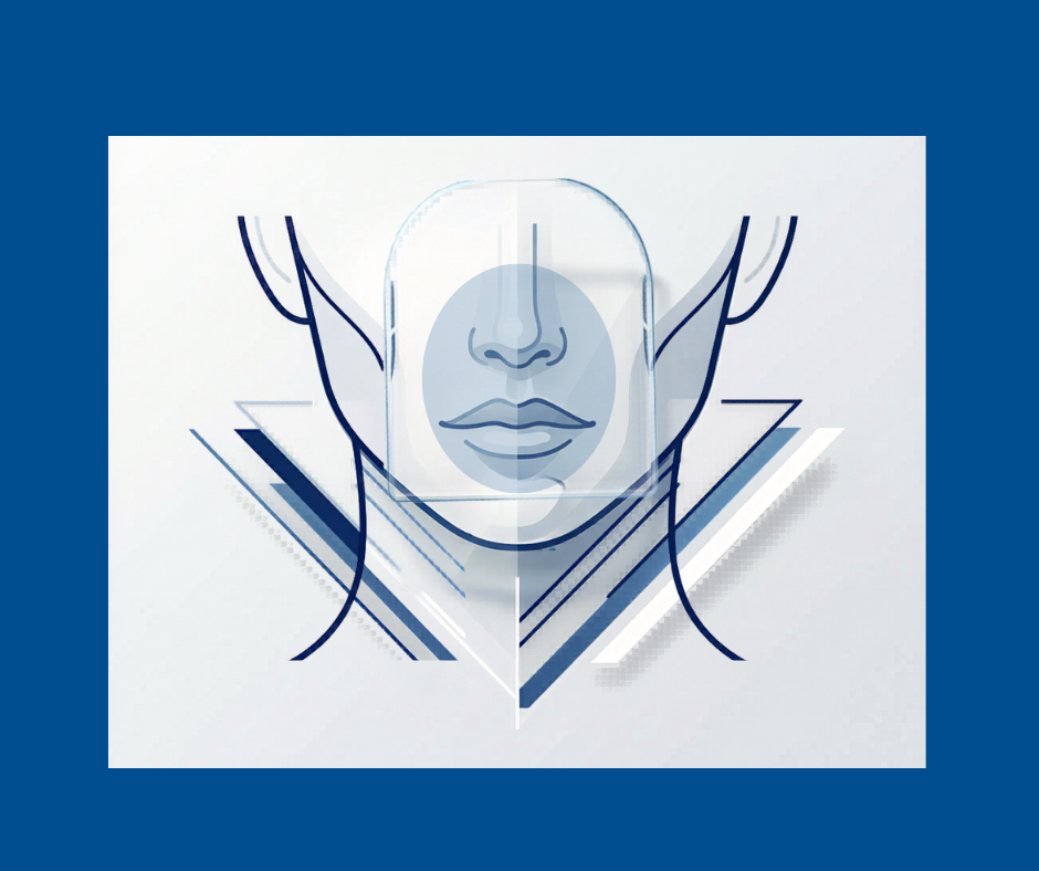 Abstract geometric illustration of lower‑face contours in deep blue lines, symbolising structure, balance and subtle support for nasolabial folds and marionette lines.