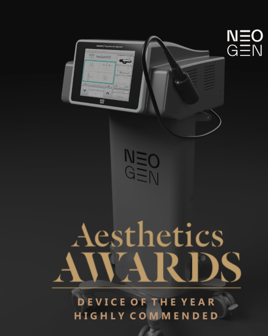 NeoGen nitrogen plasma skin regeneration device with touchscreen and handheld applicator, shown against a dark background.
