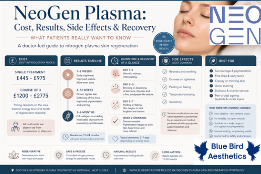 Infographic summarising NeoGen plasma treatment, including cost ranges, results timeline, downtime stages, common side effects, ideal concerns treated, and key benefits, with Blue Bird Aesthetics branding.