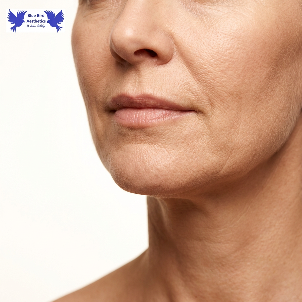 Close‑up of the lower face, highlighting a "pebble chin", with Blue Bird Aesthetics branding