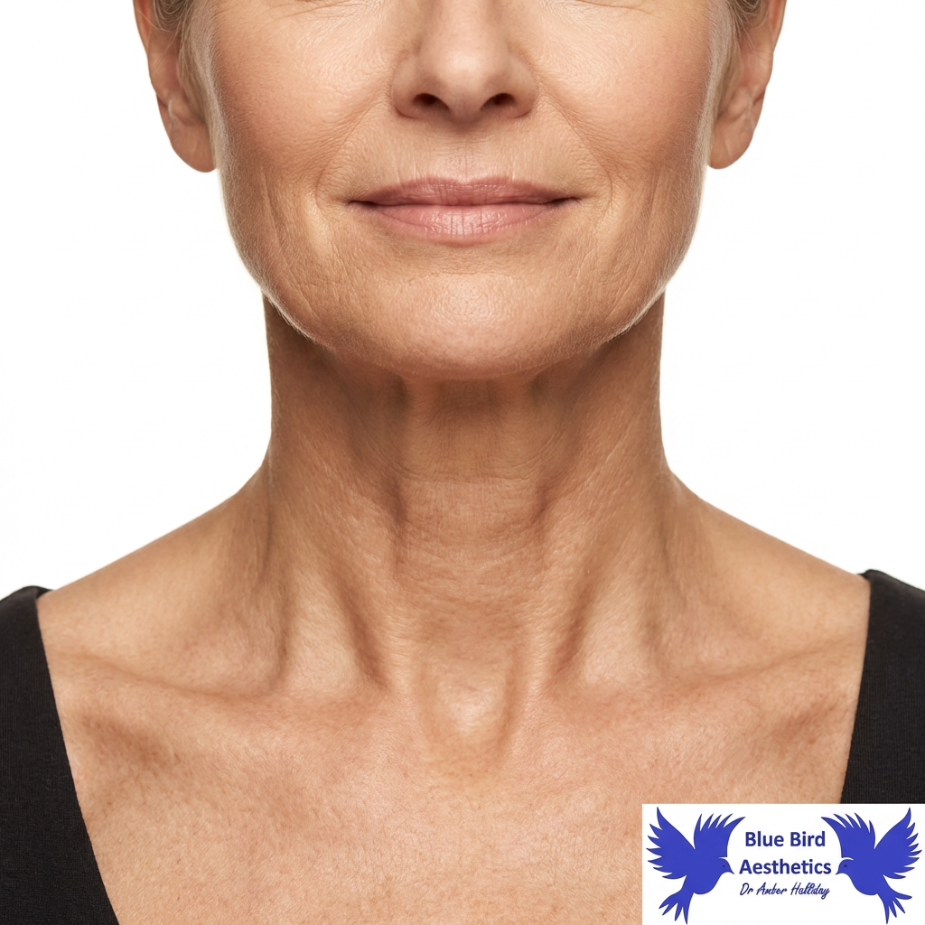 Close‑up of a mature woman’s lower face and neck showing visible vertical platysmal neck bands, with Blue Bird Aesthetics branding.