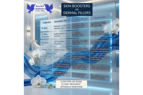 Comparison chart showing the differences between skin boosters and dermal fillers at Blue Bird Aesthetics, including immediate effects, gradual effects and key benefits for treatments such as Profhilo, Sunekos, Polynucleotides and dermal fillers.