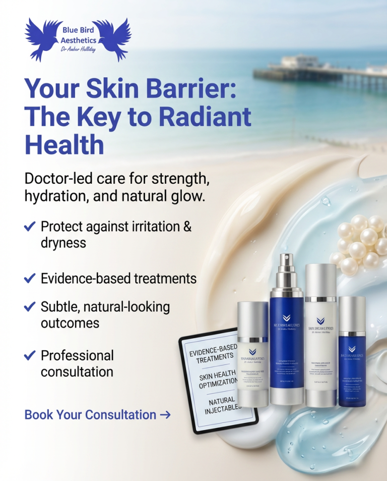 Coastal-inspired Blue Bird Aesthetics graphic showing skincare products and a tablet, promoting doctor-led skin barrier treatments in Worthing.