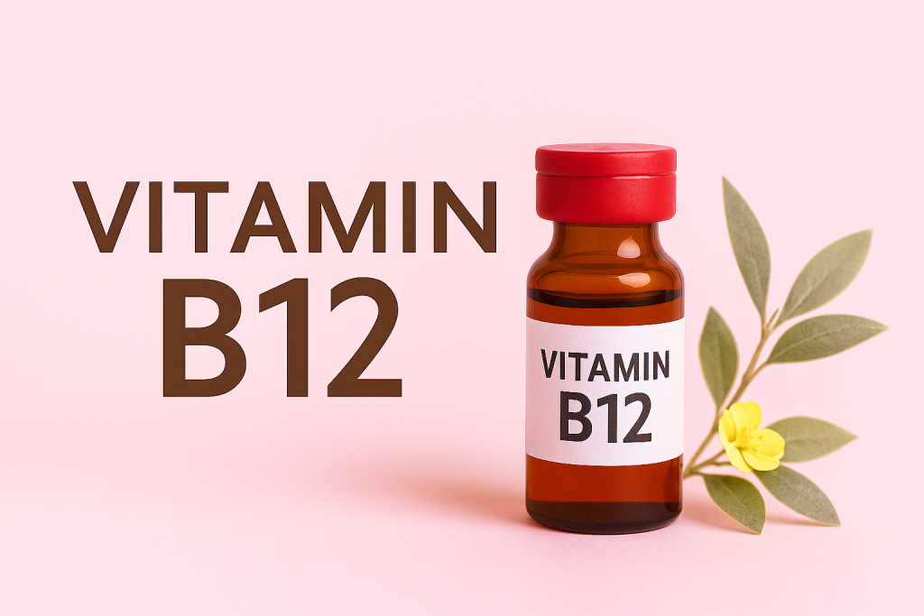 A small amber glass vial labelled Vitamin B12 with a red cap, placed on a soft pink background beside green leaves and a yellow flower