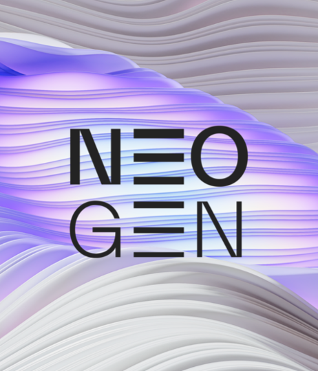 Stylised NeoGen logo on a smooth abstract background with soft layered gradients in white, grey and purple tones.