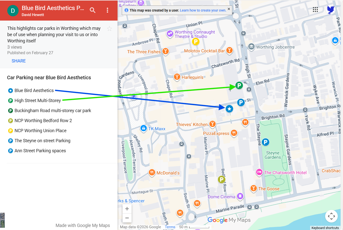 Map showing recommended parking options near Blue Bird Aesthetics in Worthing.