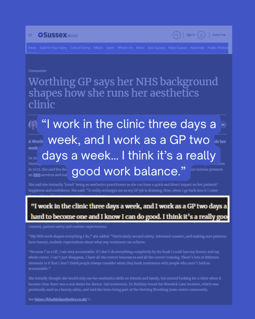Quote: I work in the clinic three days a week and as a GP two days a week.