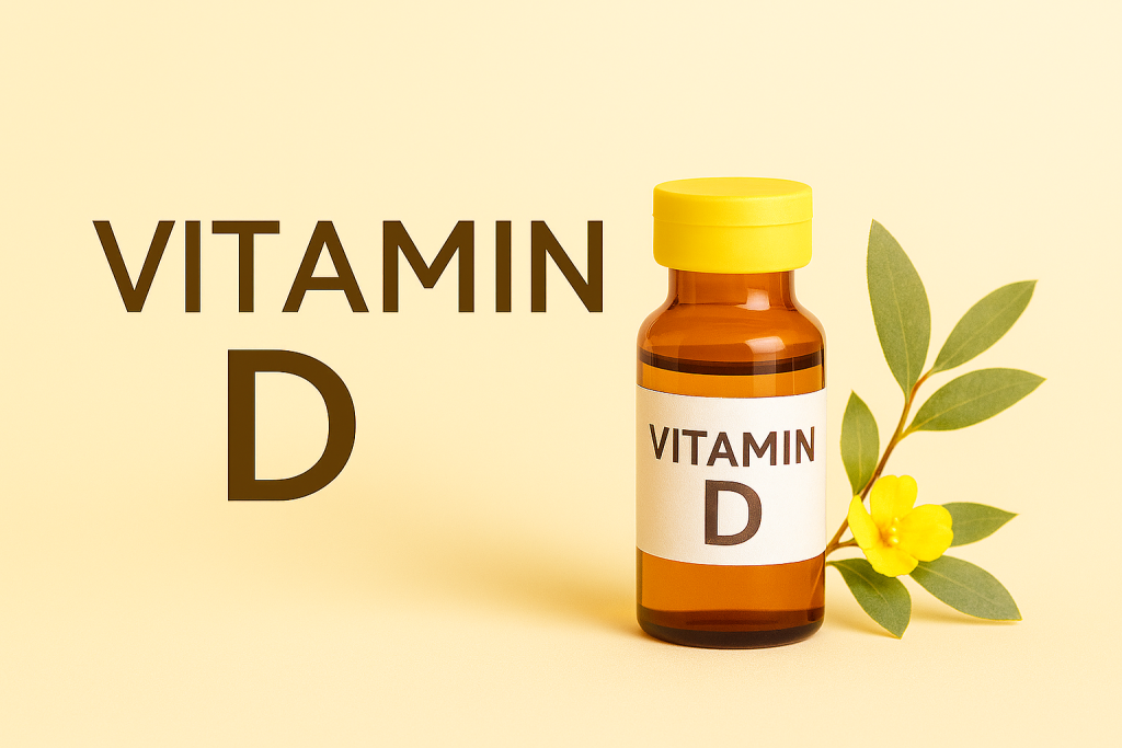 Amber glass vial labelled Vitamin D with a yellow cap, placed on a soft yellow background beside green leaves and a yellow flower.