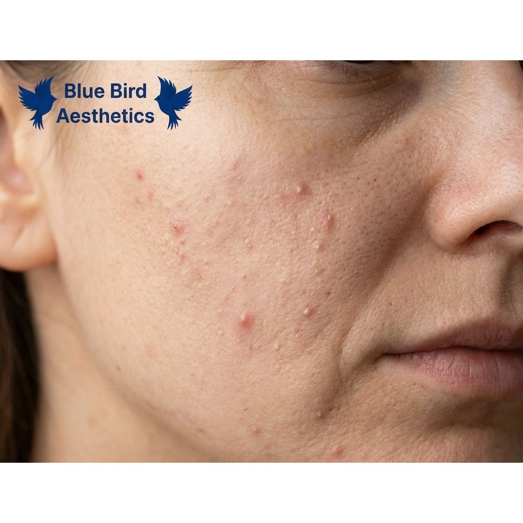 Close‑up of adult acne on the cheek showing red inflammatory breakouts and uneven skin texture.