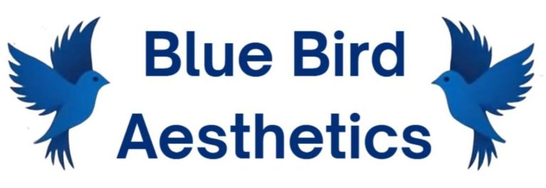 A Blue Bird Aesthetics logo featuring two stylised blue birds facing inward around the clinic name