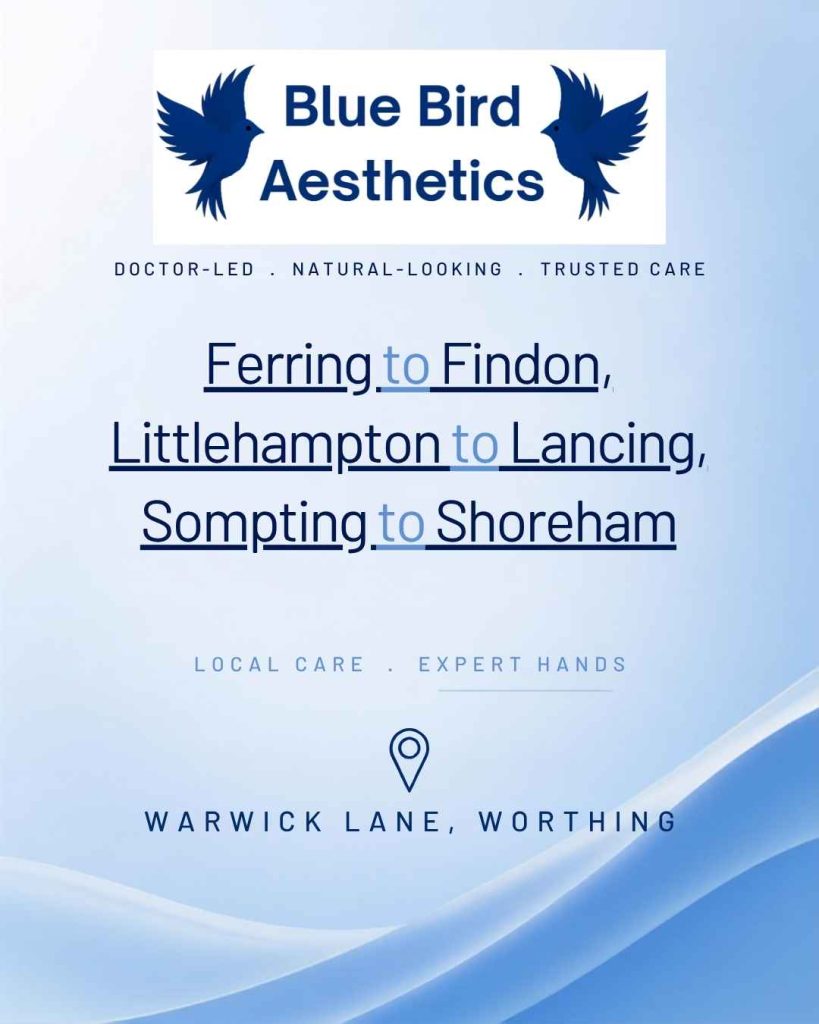 Blue Bird Aesthetics branding graphic showing doctor‑led, natural‑looking aesthetic care across Worthing, including Ferring, Findon, Littlehampton, Lancing, Sompting and Shoreham, with clinic location at Warwick Lane, Worthing.
