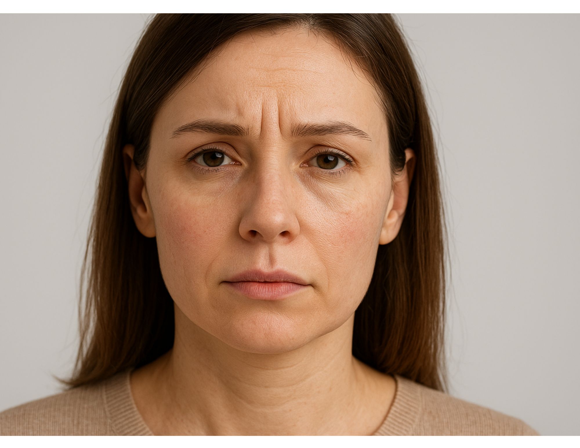 A close-up of a woman with slightly furrowed brows, to simulate frown lines on her forehead and between the eyebrows before anti-wrinkle treatment