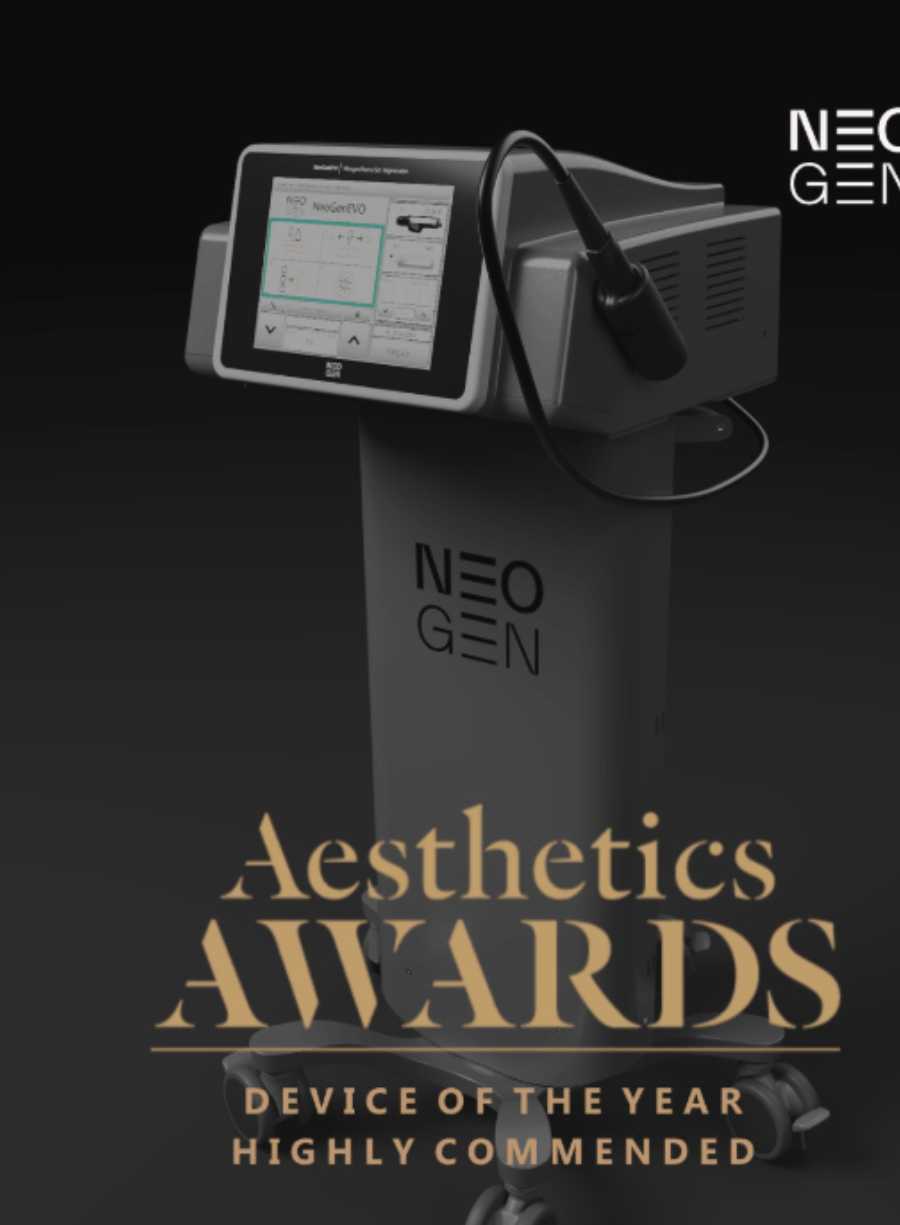 NeoGen nitrogen plasma skin regeneration device with touchscreen and handheld applicator, shown against a dark background.