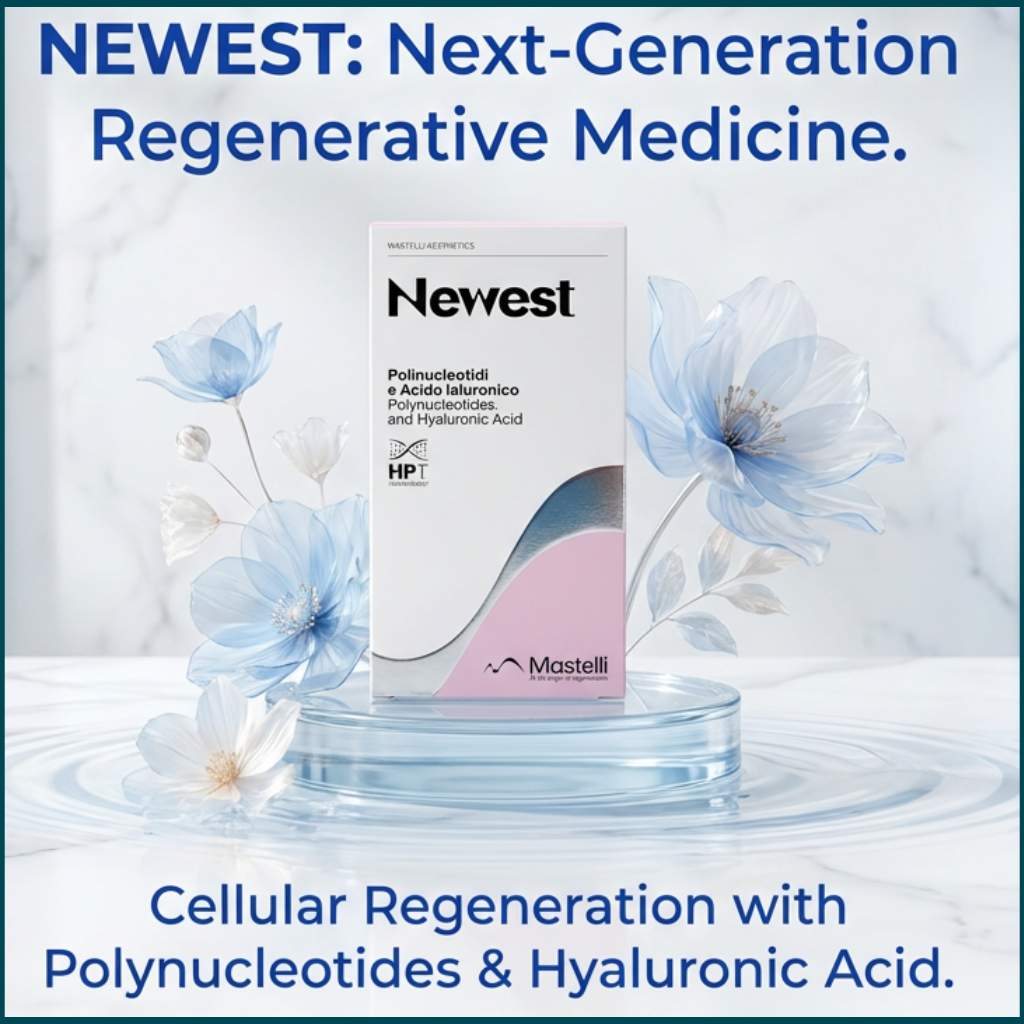 Newest® polynucleotide and hyaluronic acid skin booster box displayed on a glass platform with soft blue and white flowers.