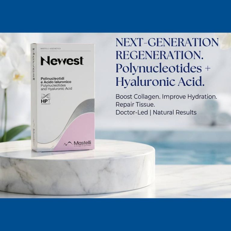 Newest® polynucleotide and hyaluronic acid skin booster box on a marble surface with soft white flowers and clinical promotional text