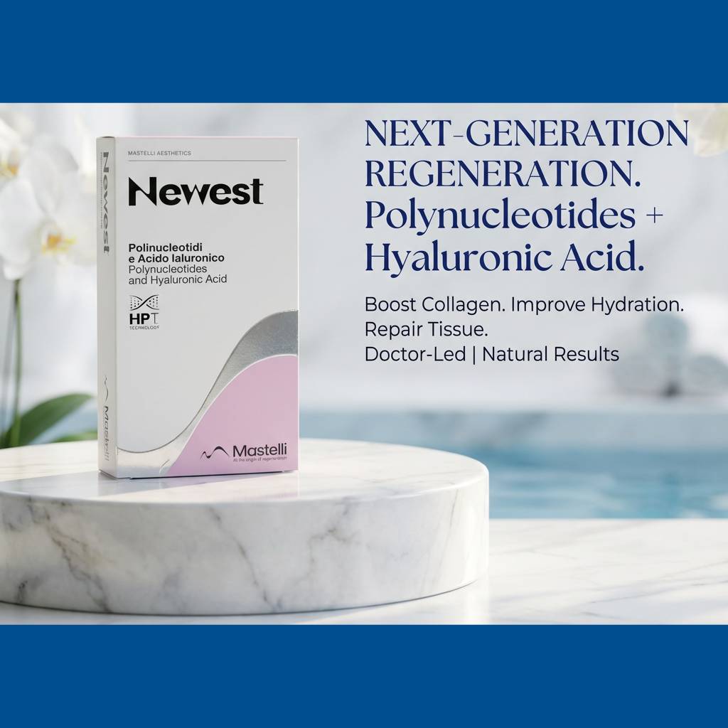 Newest® polynucleotide and hyaluronic acid skin booster box on a marble surface with soft white flowers and clinical promotional text
