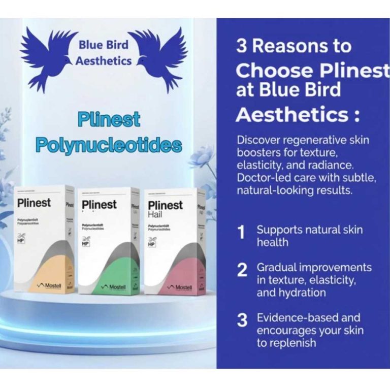 Plinest polynucleotide product boxes with Blue Bird Aesthetics branding and a short list of benefits highlighting natural skin regeneration.