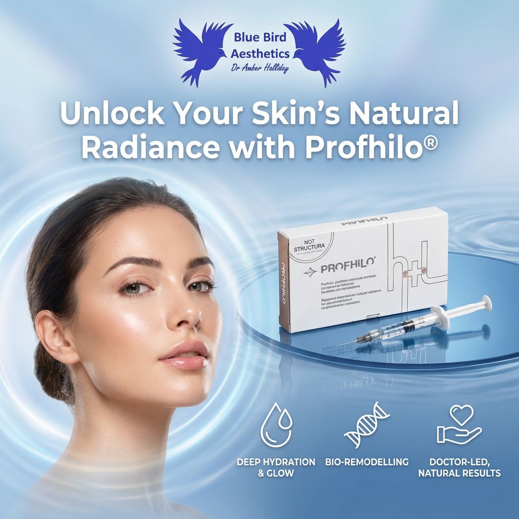 Profhilo syringe and packaging beside a model with glowing skin, promoting deep hydration, bio‑remodelling and doctor‑led natural results.