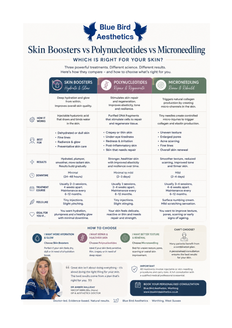 Comparison chart showing Skin Boosters, Polynucleotides and Microneedling, with treatment benefits, downtime, results and suitability, alongside a photo of Dr Amber Halliday.